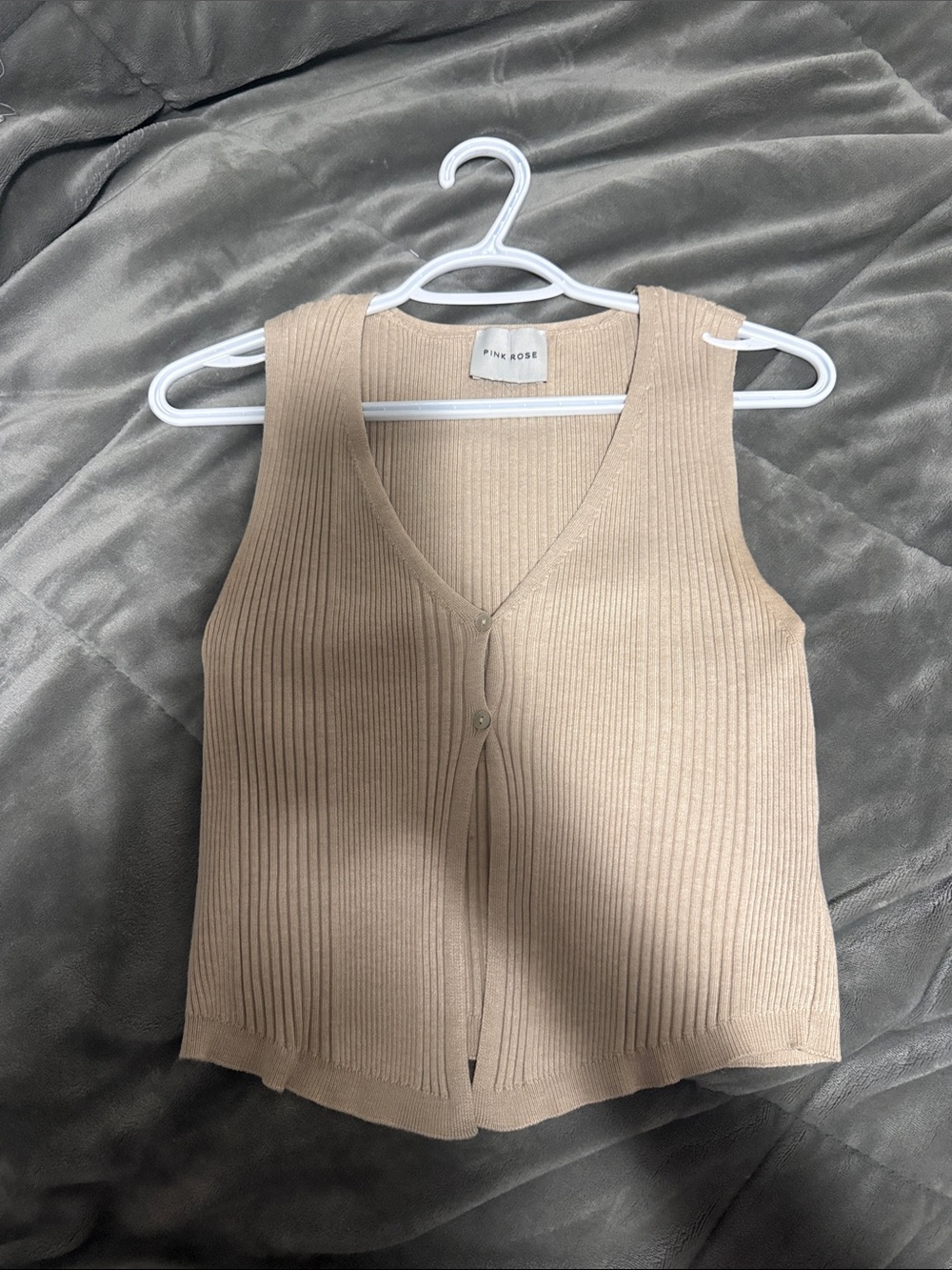 Beige Ribbed V-Neck Button Tank Vest